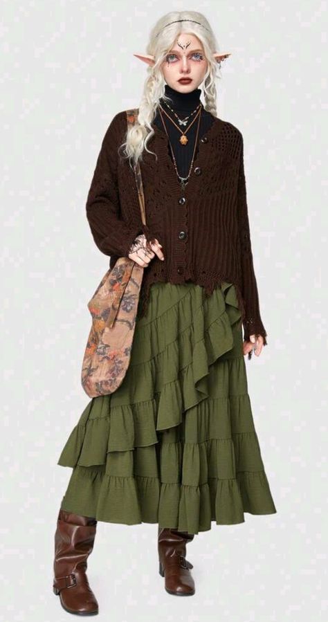 Green And Brown Clothes Aesthetic, Casual Hobbit Outfit, Changelingcore Outfit, Fem Goblincore Outfits, Green Fairycore Outfit, Woodland Goth Outfits, Nature Witch Outfit, Green Punk Outfits, Elf Skirts