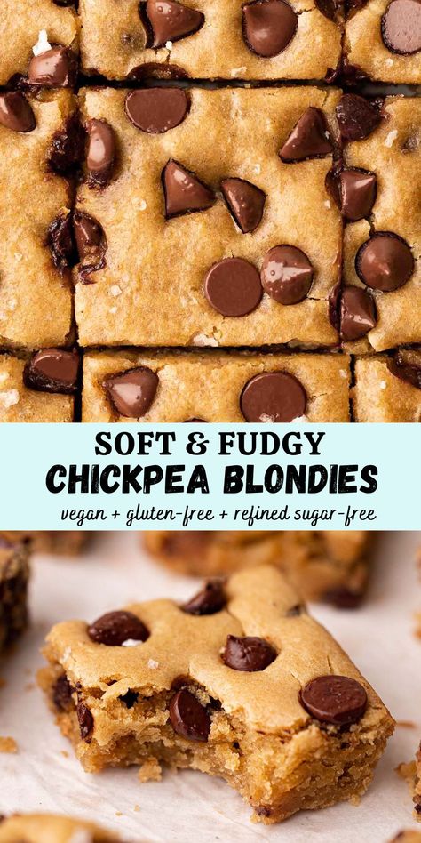 Chickpea Blondies, Vegan Blondies, Vegan Dessert Bars, Chickpea Cookies, Gluten Free Chocolate Chip, Blondies Recipe, Photo Food, Almond Joy, Toddler Snacks