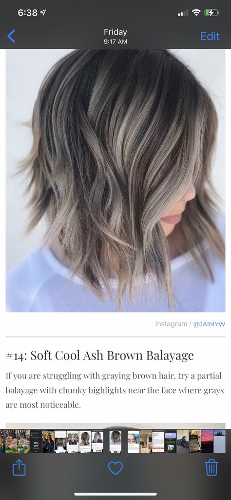 Balyage Short Hair Ash Gray, Going Grey Transition Balayage, Brown Hair Hiding Grey, Ash Brown Hair To Hide Grey, Hiding White Hair Brunette, Ash Blonde Balayage To Cover Grey, Balayage For Dark Brown Hair To Hide Grays, Hiding Grey Hair Brunette, Dark Hair Color Ideas To Hide Gray