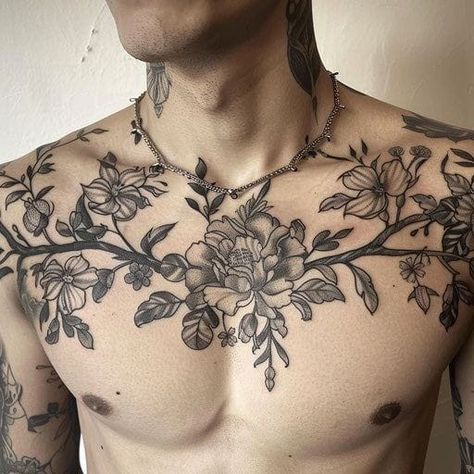 Half Chest Piece Tattoos Mens, Right Side Chest Tattoo Men, Floral Chest Tattoo Men, Side Thigh Tattoos Men, Chest And Arm Tattoo Men, Chest Sleeve Tattoo Men, Mens Chest Piece Tattoo, Mens Sternum Tattoo, Center Chest Tattoo Men