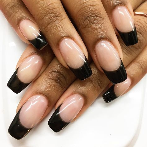 Nails With Black Tips Coffin, Coffin Shape Black French Tip, Pink Nails Black Tips, Black Overlay Nails, Black French Manicure Coffin, Black French Tip Coffin Nails, Coffin Black French Tip Nails, Short Coffin Black French Tip Nails, Black Tip French Manicure