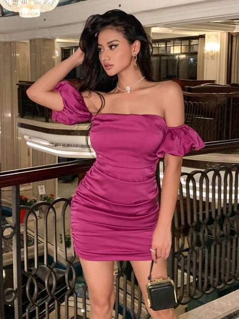 Ruched Bodycon Dress, Dress P, Women Clothing, Hot Pink, Off Shoulder, Short Dresses, Women's Fashion, Bodycon Dress, Collar