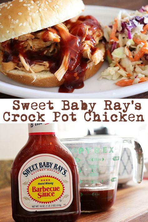 Sweet Baby Ray's Crock Pot Chicken - CookNovel.com Sweet Baby Ray Bbq Chicken Crockpot, Baby Rays Crock Pot Chicken, Crock Pot Pulled Chicken Bbq, Crockpot Bbq Chicken Breast, Sweet Baby Rays Bbq Chicken, Sweet Baby Rays Recipes, Pulled Chicken Crock Pot Recipes, Crock Pot Bbq Chicken, Sweet Baby Rays Crockpot Chicken