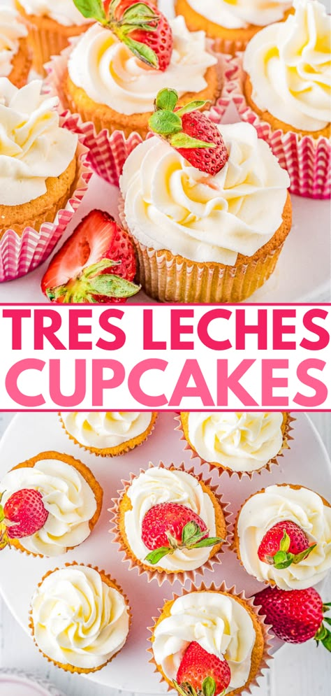 Tres Leches Cupcakes - Averie Cooks Tres Leche Cupcake, Mexican Tres Leches Cake, Cupcakes With Strawberries, Tres Leches Cupcakes, Homemade Vanilla Cupcakes, Cupcakes Homemade, Mothers Day Desserts, Mothers Day Cupcakes, Averie Cooks