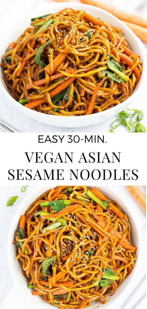 Vegan Asian Sesame Noodles. Thick chewy noodles smothered in a sesame soy sauce with yu choy, carrots, green onions and garlic. A delicious meatless side for dinner or lunch. Very easy to make and comes together in less than 30 minutes! #vegan #veganrecipe #vegannoodles #veganfood #asianrecipe #asiannoodles #asianfood #chineserecipe #chinesenoodles #veganasiannoodles #noodles #easyrecipes #dinner #lunch Vegan Miso Noodles, Vegan Asian Side Dishes, Vegan Chinese Noodles, Vegan Asian Noodle Recipes, Vegan Garlic Noodles, Vegan Singapore Noodles, Vegan Rice Noodle Recipes, Vegan Asian Noodles, Vegetarian Noodle Recipes