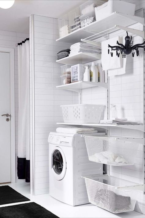 Ikea Laundry, Ikea Laundry Room, Laundry Room Tile, Laundry Shelves, White Laundry Rooms, Stylish Laundry Room, White Laundry, Laundry Room Closet, Laundry Room Shelves