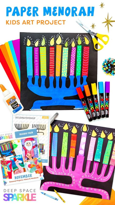 Paper Menorah Art Project | Free Hanukkah Art Projects for Kids Hannukah Crafts, Project Printable, Hanukkah Art, Creative Art Projects, Hanukkah For Kids, Holiday Art Projects, Hanukkah Crafts, Deep Space Sparkle, Paper Candle