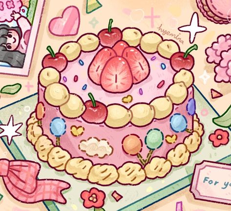 Snacks Art Illustration, Patisserie Drawing, Kawaii Cake Drawings, Cake Designs Drawing, Dessert Art Drawing, Cute Dessert Drawings, Cartoon Cake Drawing, Cute Birthday Wallpaper, Cake Drawing Aesthetic