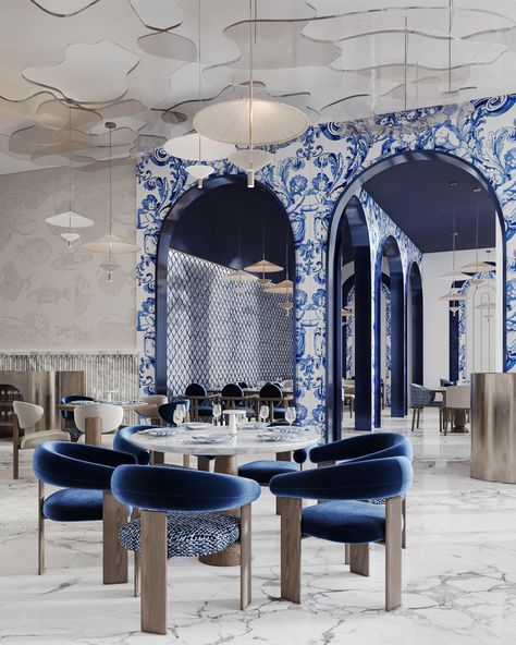 Home Restaurant Ideas, Amalfi Interior Design, Bistro Design Interior, Restaurant Concept Ideas, Sea Interior Design, Cafe Design Ideas, Cafe Restaurant Design, Blue Restaurant, Cafe Design Inspiration