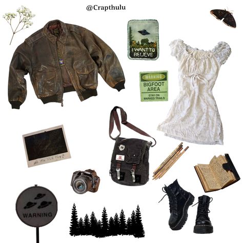 Cryptid Outfit Aesthetic, Cryptid Hunter Oc, Cryptid Academia Aesthetic Outfits, Paranormal Aesthetic Outfits, Summer Cryptidcore Outfits, Cryptid Clothes, Mothman Outfit, Paranormal Investigator Outfit, Cryptid Core Aesthetic