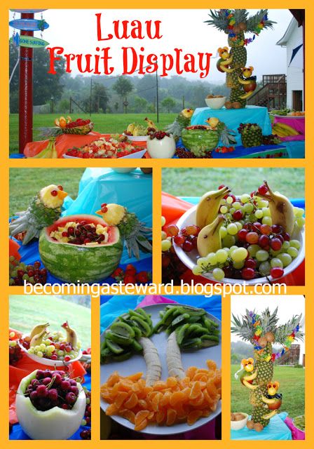 Great ideas for planning a fruit display for a birthday party a wedding or baby shower, a pool party, an outdoor wedding.  Pineapple tree, mango monkeys, banana dolphins, pineapple parrots and more! Luau Fruit Display, Banana Dolphins, Fruit Display Ideas, Pineapple Tree, Dolphin Party, Hawaiian Baby Showers, Party Fruit, Luau Baby Showers, Luau Birthday Party