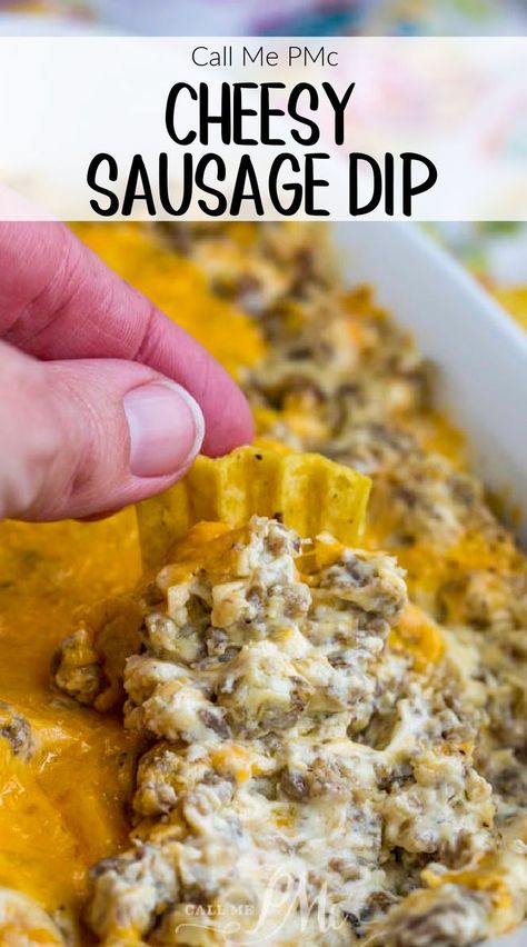 Cheesy Sausage Dip by Call Me PMc Cheesy Sausage Dip, Sausage Dip Recipe, Cheddar Cheese Dip, Sausage Cheese Dip, Best Dip Recipes, Baked Dips, Pork Breakfast Sausage, Sausage Dip, Hot Sausage