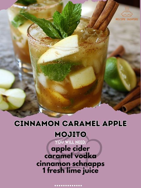 🍎🍹 Elevate your cocktail game with this irresistible Cinnamon Caramel Apple Mojito! Perfect for cozy nights in! 🌟 Cinnamon Caramel Apple Mojito Ingredients: - 2 oz apple cider - 1 oz caramel vodka - 1 oz cinnamon schnapps - 1/2 oz fresh lime juice - 4-6 fresh mint leaves - Cinnamon sticks and apple slices for garnish - Ice cubes Instructions: 1. In a shaker, muddle mint leaves. 2. Add apple cider, caramel vodka, cinnamon schnapps, lime juice, and ice. 3. Shake well. 4. Strain into a glass ... Apple Cider Caramel Vodka, Apple Mojito, Cider Caramel, Apple Cider Caramel, Cinnamon Schnapps, Mojito Ingredients, Caramel Vodka, Cinnamon Caramel, Apple Cider Caramels