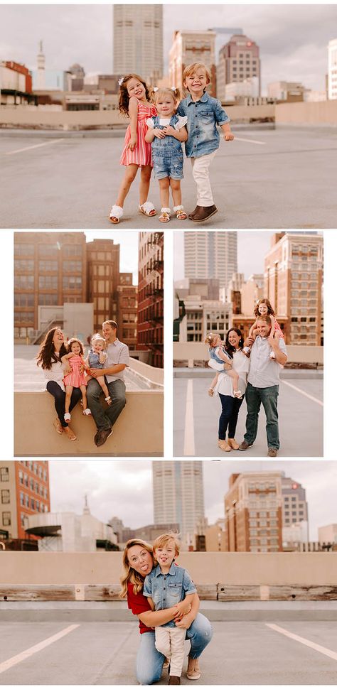 family photo shoot wardrobe inspiration, how to dress your family for photo shoot, must-have family photos, urban family downtown city skyline photos, Tessa Tillett Robbins Photography Family Pictures Urban Setting, Family Photo Shoot Downtown, Family Pics In The City, Family Photoshoot Parking Garage, Down Town Family Photoshoot, City Skyline Family Photos, Family Pictures In Town, Family Photos Downtown Picture Ideas, Downtown Family Pictures