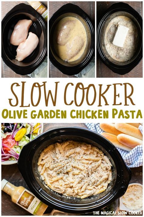 Use Olive Garden Italian Dressing to make this Slow Cooker Olive Garden Chicken Pasta! It's a creamy pasta dish that has so much flavor. - The Magical Slow Cooker #crockpot #slowcooker #olivegarden Friday Night Crockpot Dinner, Summer Main Dishes Dinners, Slow Cooker Olive Garden Chicken Pasta, Italian Dressing Chicken Crock Pot, Creamy Italian Chicken Crockpot, Olive Garden Italian Dressing Chicken, Simple Crockpot Chicken Recipes, Olive Garden Chicken Pasta Crockpot, Slowcooker Pasta