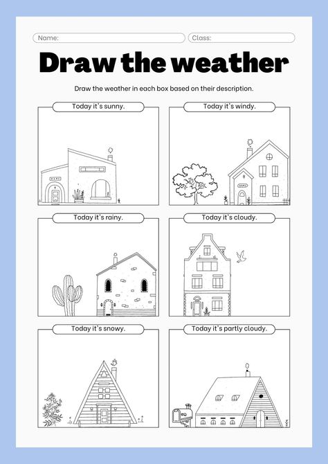 Blue Black and White Draw the Weather Worksheet - Templates by Canva What Is The Weather Like Worksheet, Worksheets For Kids English Activities, Weather Preschool Activities, Weather Worksheets For Kids, Kids English Worksheets, Drawing Worksheets For Kids, Drawing Classroom, Weather Drawing, Drawing Activities For Kids