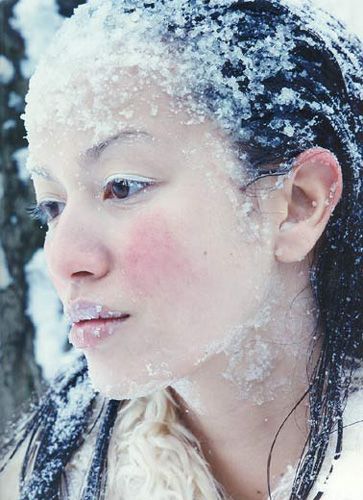 Winter: I'm not into the pink cheeks, but the rest is excellent.  I used eyelash glue to attach fake snow, plus I had highly gelled hair that I poured more 'snow' in. Snow Makeup, Ice Makeup, Frozen Makeup, Ice Queen Makeup, Alabaster Skin, Ice Hair, Special Makeup, Fantasy Life, Character Board