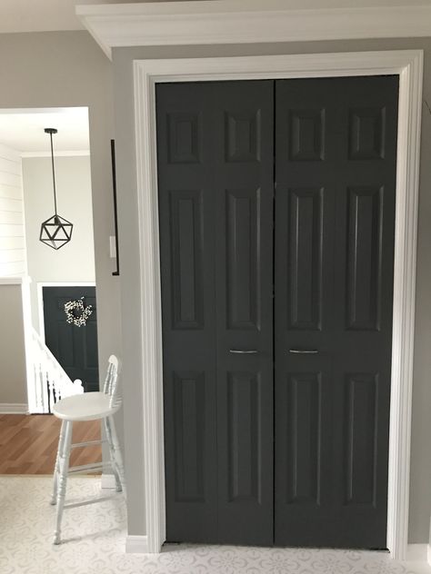 Dark Ash by Behr Pantry Door Makeover Dark Ash Behr Paint, Pantry Door Makeover, White Pantry, Dark Grey Paint, Dark Windows, Kitchen Design Color, Dark Ash, Gray Paint, Black Door