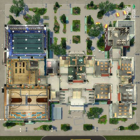 Copperdale High School. Plot size: 64x64. Includes CC. Download link in biо. 🍒My ID in the game: TapeiGuanas #thesims4 #ts4 #ts4cc #ts4mm #ts4lots #ts4interiors #ts4build #sims4 #sims4interior #sims4build #sims4lot #ts4school Sims 4 School Lot, Sims 4 High School Building Layout, Sims 4 School Layout, Sims 4 High School Interior, High School Floor Plans Layout, Sims 4 School Building, Copperdale High School Sims 4, Sims High School, Sims 4 High School Building