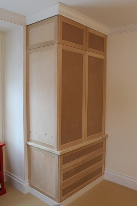 Closet Built In Closet Niche Built Ins, Cabinet Style Closet, Over Bulkhead Storage, Bulkhead Wardrobe Ideas, Built In Dresser In Small Closet, Stair Box In Bedroom Ideas, Bulkhead Ideas, Homemade Built In Wardrobe, Stair Bulkhead Ideas