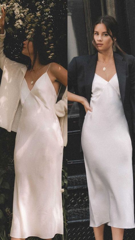 Satin Dress And Jacket Outfit, Satin White Dress Outfit, Silk Summer Dress Casual, White Satin Slip Dress Outfit, Slip Dress Modest Outfit, White Silk Cami Dress, White Silk Dress Outfit, Wedding Dress Shopping Outfit Ideas, White Satin Dress Outfit