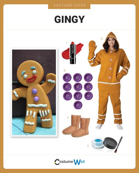 Gingy Costume Gingy Costume, Lipstick Brown, Costume Wall, Shrek Costume, Brown Jumpsuit, Lord Farquaad, Got Costumes, Eyebrow Pomade, S Costumes