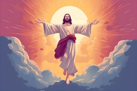 Jesus standing on the clouds | Premium Photo #Freepik #photo #ascension-day #ascension #jesus-risen #risen Jesus Risen Art, Jesus Risen Pictures, Plate Reference, Jesus Risen, Jesus 2024, Jesus Cross Wallpaper, Risen Jesus, Jesus Has Risen, Ascension Of Jesus