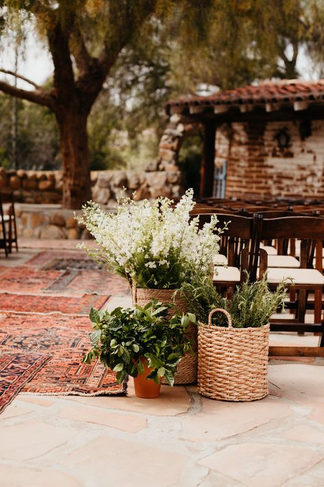 Potted Greenery Wedding, Budget Wedding Floral Ideas, Wedding Ceremony Potted Plants, Potted Plant Ceremony Decor, Potted Plants At Wedding, Basket Flower Wedding, Potted Flowers Wedding Aisle, Potted Plants Wedding Alter, Church Wedding Alter Flowers