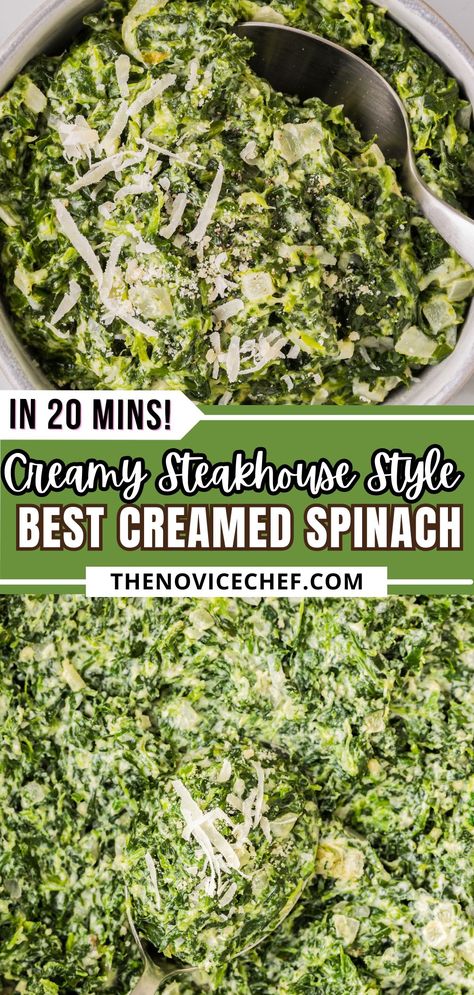 This 5-star recipe for cheesy steakhouse-style creamed spinach only takes 20 minutes to make for an easy weeknight side dish. It is a tried and true family favorite and I guarantee you will love it! Creamed Spinach Recipe Healthy, Best Creamed Spinach, Steak Side Dish, Best Creamed Spinach Recipe, Jus Recipe, Spinach Recipes Healthy, Christmas Side Dish, Vegetable Casseroles, Christmas Side Dish Recipes