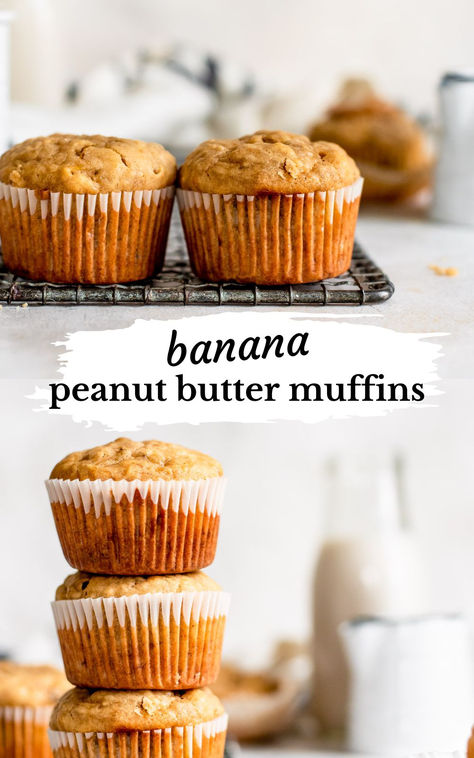 close up of muffins next to each other Healthy Peanut Butter Muffin Recipes, Banana Muffins Peanut Butter, Banana Peanut Butter Cupcakes, No Butter Banana Muffins, Apple Peanut Butter Muffins, Blender Banana Oatmeal Muffins, Healthier Banana Muffins, What To Do With Overripe Bananas, Peanut Butter Banana Bread Muffins