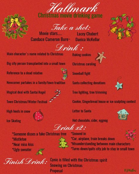 Hallmark Christmas movie drinking game 2018 Hallmark Christmas Themed Party, Christmas Drinking Games, Movie Drinking Games, Christmas Themed Party, Movie Games, Christmas Drinks Alcohol Recipes, Movie Food, Christmas Drinks Alcohol, Christmas Baking Cookies