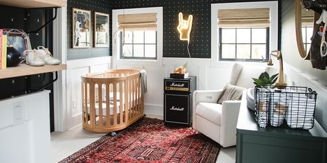 Rock-'n-Roll nursery theme Rock Music Nursery, Punk Nursery Ideas, 90s Theme Nursery, Punk Rock Nursery Ideas, Rock Nursery Theme, Edgy Nursery Ideas, Punk Rock Nursery, Rock And Roll Nursery Theme, Skater Boy Nursery