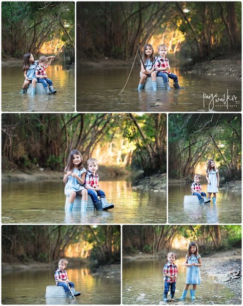 Creek Pictures Kids, Toddler Fishing Photo Shoot, Spring Mini Photo Session Ideas, Creek Photoshoot Kids, Couple Mini Sessions, Family Creek Photos, Spring Mini Session Ideas Outdoors, Creek Family Photoshoot, Fishing Photo Shoot