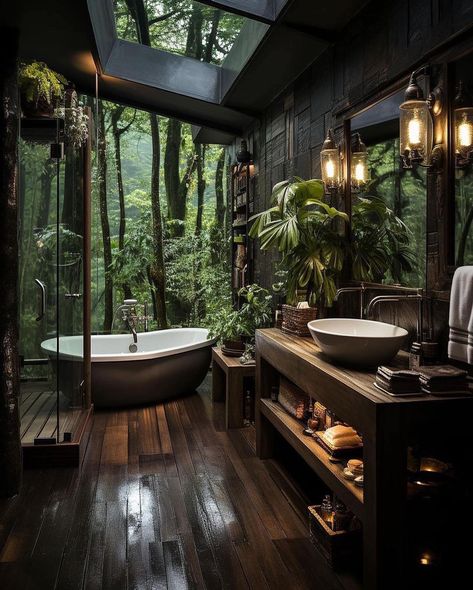 Jungle Bathroom, Dark Green Bathrooms, Jungle House, Dark Bathrooms, Bathroom Retreat, Mosaic Bathroom, Green Bathroom, Forest House, Dream House Interior