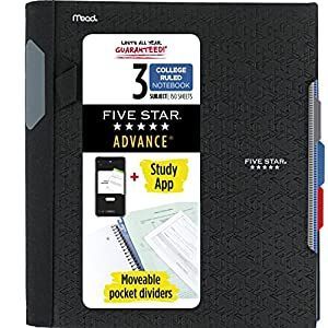 Five Star Advance Spiral Notebooks, 3-Subject, College Ruled Paper, 11" x 8-1/2", 150 Sheets, With Spiral Guard and Movable Dividers, Black Five Star Notebook, Notebook Study, College Ruled Paper, Spine Labels, Ruled Paper, Ruled Notebook, Highlighters Markers, Spiral Notebooks, Lined Paper