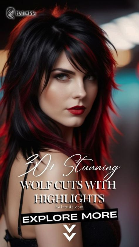 Set your style ablaze with Black Hair and Red Highlights in a dynamic Wolf Cut. Click to explore more wolf cut with highlight ideas! Black Hair With Red Highlights, Medium Shaggy Hairstyles, Edgy Hair Color, Rocker Hair, Black Red Hair, Shaggy Long Hair, Wolf Haircut, Extension Hair, Layered Haircuts For Medium Hair