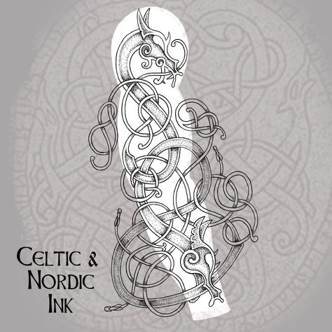 Celtic Norse Tattoo, Celtic Style Tattoo, Urnes Style Tattoo, Celtic Tattoos Sleeve, Traditional Viking Tattoo Design, Norse Dragon Tattoo, Scandinavian Tattoo For Women, Nordic Dragon Tattoo, Nordic Tattoo Women