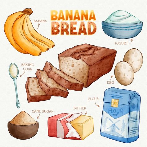 Banana Bread Illustration, Banana Bread Drawing, Bread Drawing, Homemade Recipe Books, Homemade Cookbook, Recipe Drawing, Food Doodles, Glass Coaster, Banana Bread Recipe