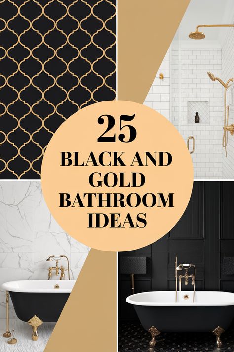 Black and gold bathroom ideas are a popular choice for creating a luxurious and dramatic space.  Explore matte black tiles, gold fixtures, and metallic accents.  Find inspiration for black marble countertops, gold-framed mirrors, and elegant black bathtubs.  Discover stunning black and gold bathroom decor ideas, like gold shower heads, black and gold wallpaper, and opulent lighting fixtures to design a sophisticated and glamorous bathroom that exudes luxury and style. Black White And Gold Bathroom Decor Master Bath, Brown Cream And Gold Bathroom, Black Bathroom Gold Accents, Black White Gold Master Bath, Tan Black Bathroom, Black And Brass Bathroom Fixtures, Black Gold Bathroom Ideas, Black White And Gold Bathroom Ideas, Black And Tan Bathroom