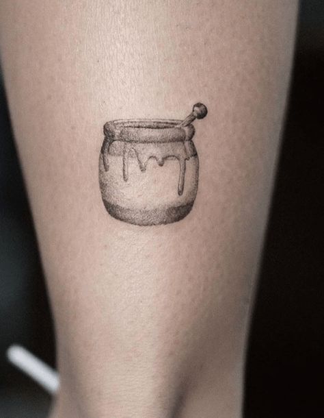 Cute Detailed Honey Pot Tattoo Honey Jar Tattoo Ideas, Hunny Pot Tattoo, Honey Pot Tattoo Simple, Small Honey Jar Tattoo, Honey Jar Tattoo, Honey Pot Tattoo, Pot Tattoo, Honey Tattoo, Micro Tattoo