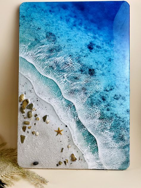 The 3D Epoxy Resin handcrafted ocean wave painting is made from sand, stone, Epoxy Resin, and spice of sea love. Each painting goes through many stages and is paid incredible attention to detail so that each painting is a story and an emotional mark. Ocean Art Resin, Resin Seascape, Resin Beach Art, Resin Ocean Art, Ocean Resin Art, Resin Art Canvas, Resin Waves, Seni Resin, Ocean Wave Painting