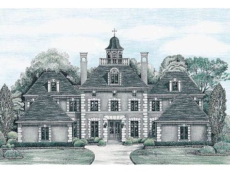 Front View, 031H-0171 Library Hall, Widows Walk, Colonial Style House Plans, Luxury Floor Plans, European Plan, Architectural Ideas, Library Study, Den Office, European House Plans