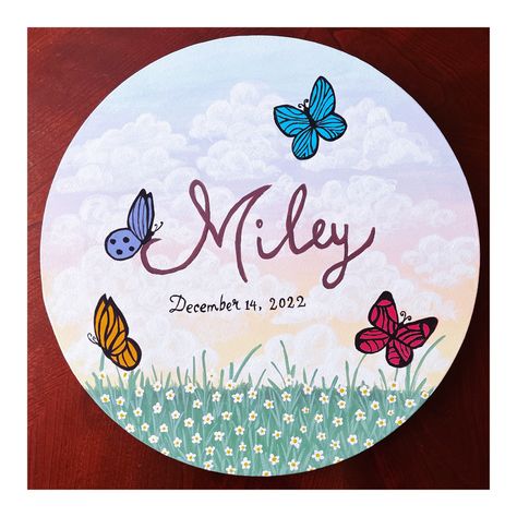 #acrylic #canvas #name #butterflies #daisy #sky #clouds Name Plate Drawing, Newborn Name Sign, Plate Drawing, Name Plate Design, Name Boards, Craft Kids, Name Plates, Acrylic Canvas, Sky Clouds