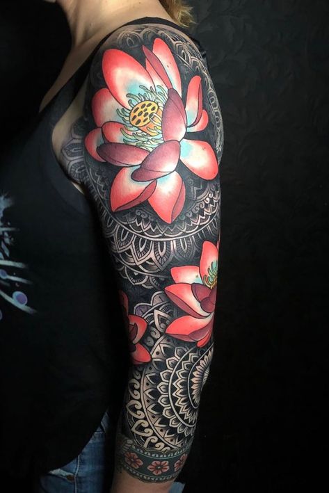 Geometric Sleeve, Floral Tattoo Sleeve, Lotus Flowers, Tattoo Sleeve, A Tattoo, Lotus Flower Tattoo, Lotus Flower, Flower Tattoo, Lotus