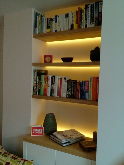 Book Shelves Lighting, Strip Lights Shelves, Shelves With Lights Underneath, Lit Up Bookshelves, Book Shelf Lighting Ideas, Lights In Shelves, Backlight Shelves, Book Shelf Lighting, Bookshelves Lighting