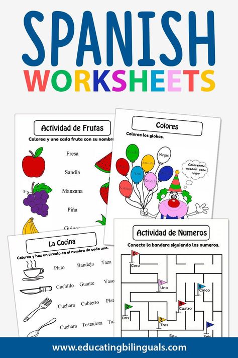 If you're a parent with kids who are learning Spanish, you'll want to check out these free printable spanish worksheets. They're perfect for reinforcing what kids are learning in class, and since they're printable, you can use them over and over again. Your kids would learn everyday Spanish vocabulary and have fun coloring every sheet. Download and print for free!#spanish #worksheets #spanishforkids Spanish Scavenger Hunt, Elementary Spanish Worksheets, Spanish Worksheets For Kids, Language Games For Kids, Preschool Spanish Lessons, Spanish Books For Kids, Learning Websites For Kids, Learn Everyday, Spanish Learning Activities