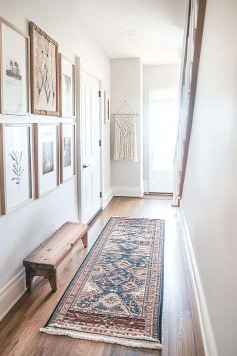 boho hallway Rustic Modern Hallway, Wall Decor Hallway Narrow, Hallway Inspiration Paint Colors, Boho Hallway Ideas, Painted Hallways, Pretty Hallway, Long Entryway Ideas, Long Hallway Wall Decor Ideas, Bedroom Hallway Ideas