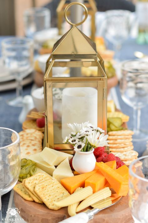 Kelley Nan: Appetizers and Cheese Boards- A Different Centerpiece for Outdoor Dining Charcuterie Board Centerpiece Wedding, Charcuterie Board Centerpiece, Food Centerpieces, Charcuterie Board Wedding, Appetizer Display, Appetizer Buffet, Edible Centerpieces, Catering Food Displays, Catering Display