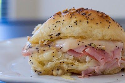 My Name Is Snickerdoodle: Fabulous Food Friday #70 Oven Ham, Work Snacks, Onion Flakes, Baked Sandwiches, Cheesy Ham, Ham Cheese, Ground Mustard, Roll Recipe, French Bread