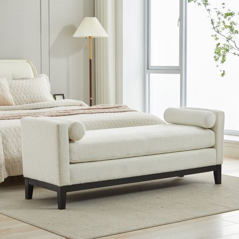 Bedroom Bench with Pillows and Solid Wood Legs for Living Rooms and Entryway - On Sale - Bed Bath & Beyond - 41057461 Bench With Arms, Boucle Ottoman, Pillows For Bedroom, Fluted Wood, Bench For Bedroom, Bed Ottoman Bench, Accent Bench, Cross Legged, Storage Benches